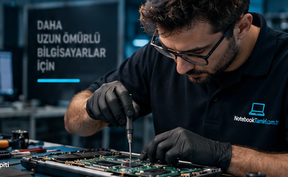Notebook anakartı üzerinde çalışan teknisyen — temsili tasarım görseli
